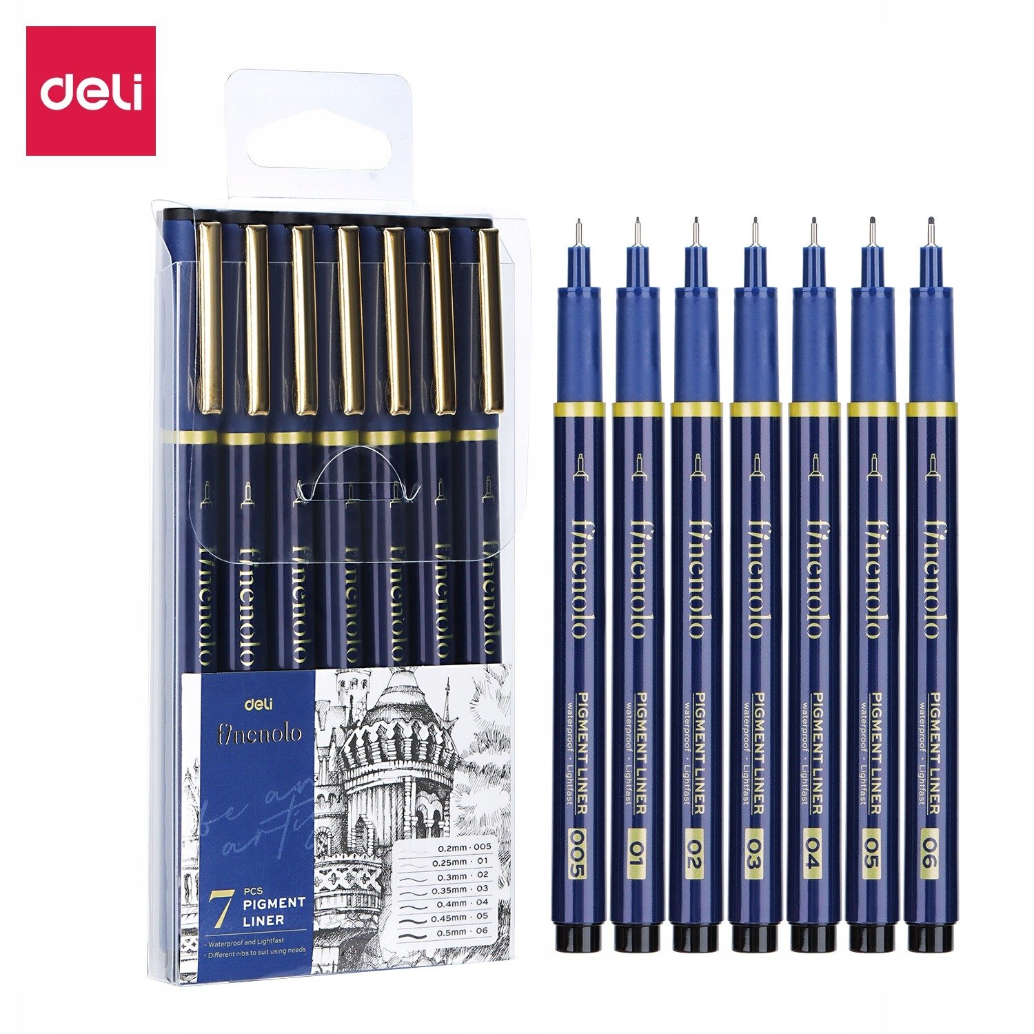 imgi_12_Cienkopis-kreslarski-Deli-Finenolo-zestaw-7-sztuk-rozne-grubosci-EQ909 Cienkopisy kreślarskie zestaw - obrazek 1